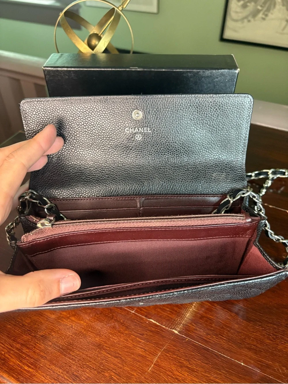 CHANEL Black Quilted Silver Hardware Wallet with Added Chain